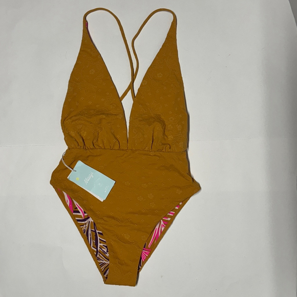 Maaji Caramel Brown Safri Plunge One Piece SwimSuit Reversible Small NWT - Picture 9 of 11